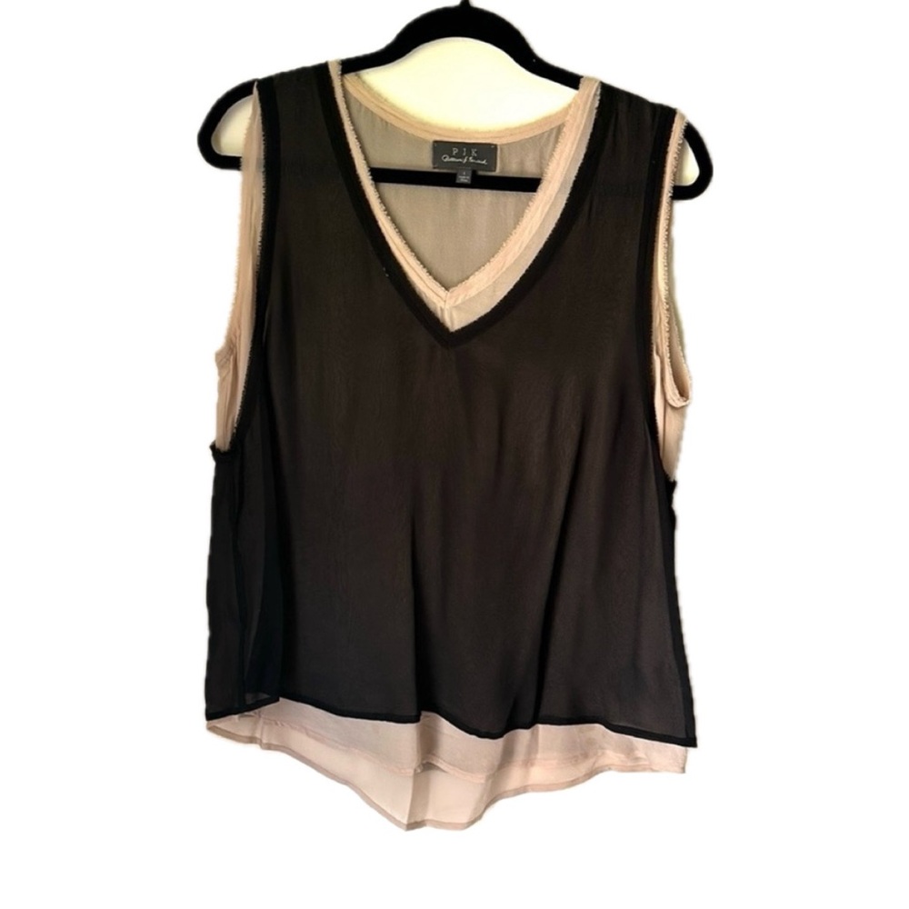 PJK Patterson J. Kincaid v neck tan & black semi sheer top